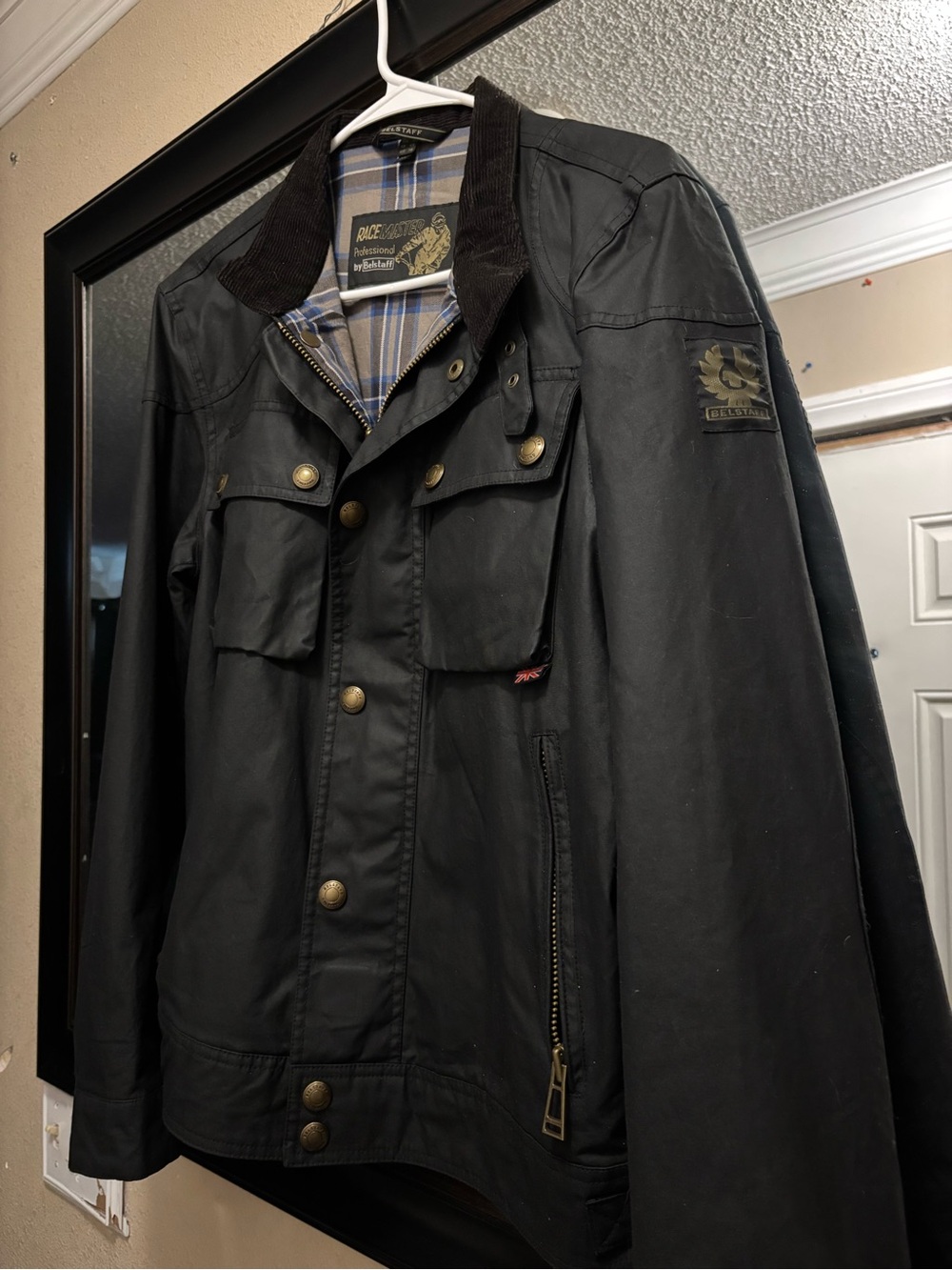 Belstaff Black Waxed Cotton Military Field Jacket with Cord Collar